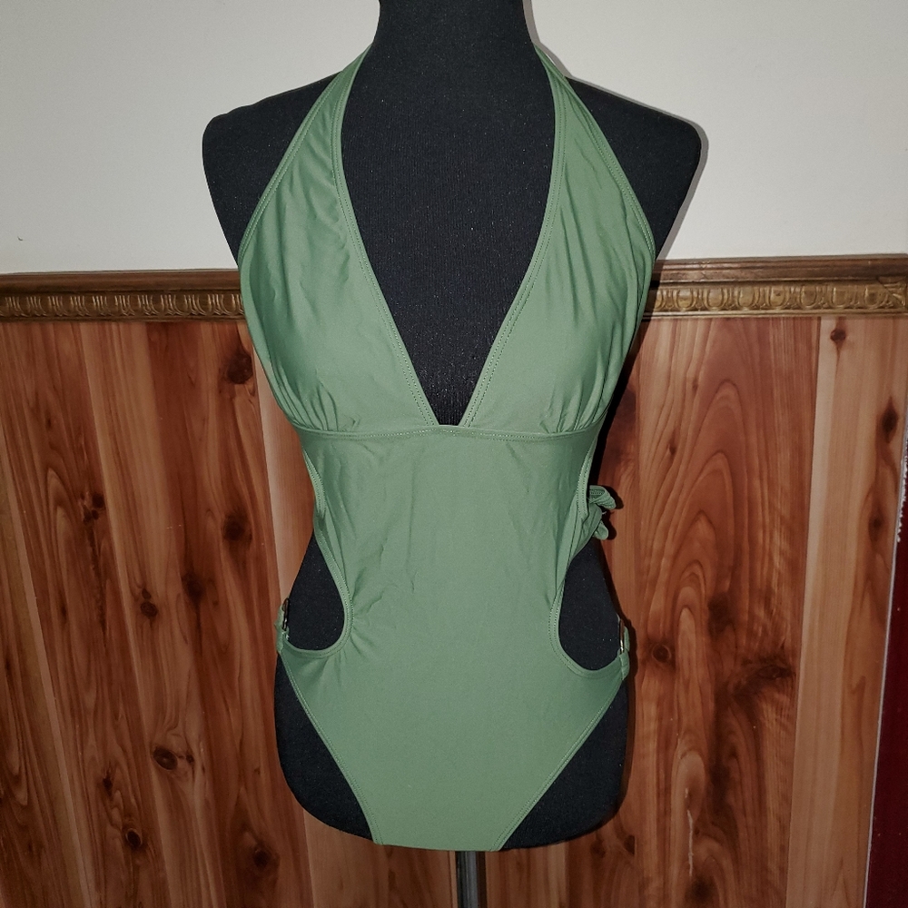 Army green cutout one piece swimsuit